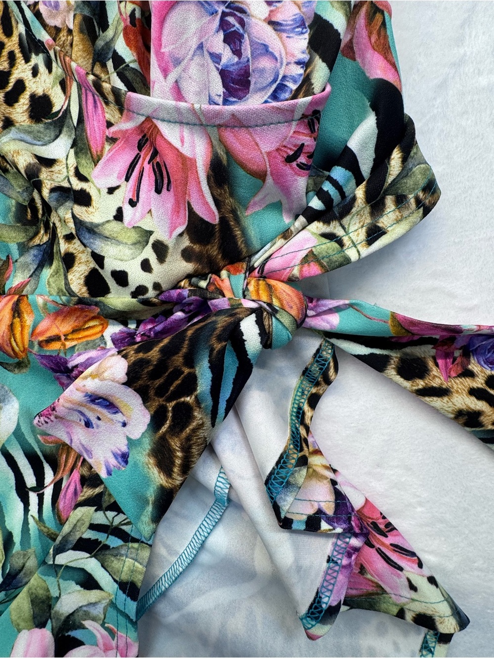 Venus Floral Animal Print Faux Wrap Dress XL Side Tie Stretch - Picture 3 of 10